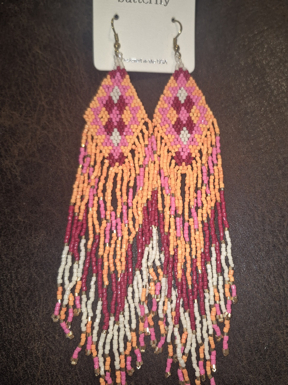 Butter Beaded Fringe Earrings in Pink, Orange & White